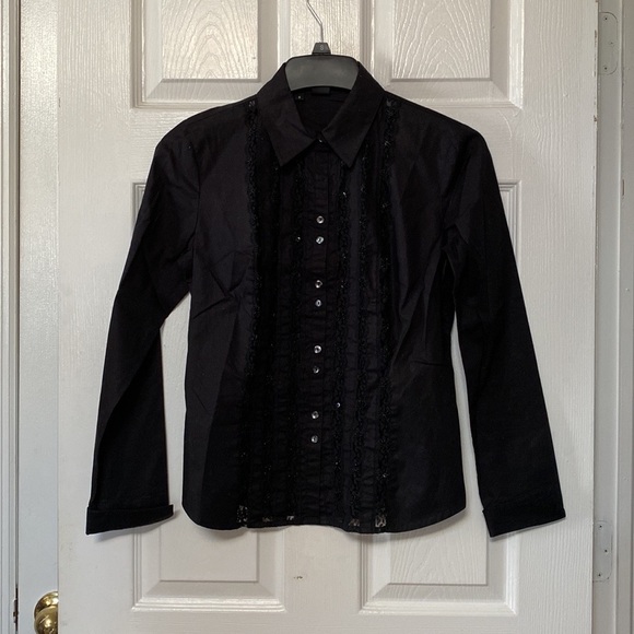 Sandra Ingrish Black Beaded Sequin Lace Trim Button Down Shirt - Picture 1 of 6